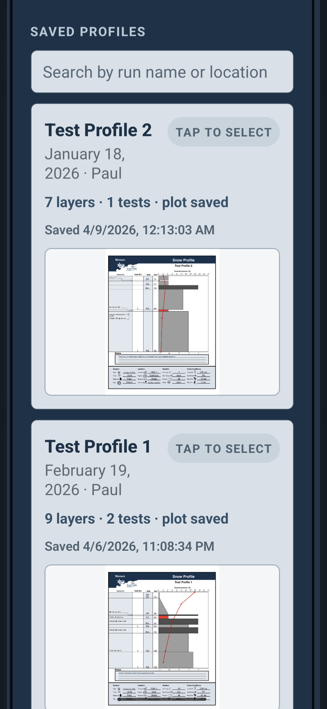 Nivium Archive screen with saved profiles and actions.