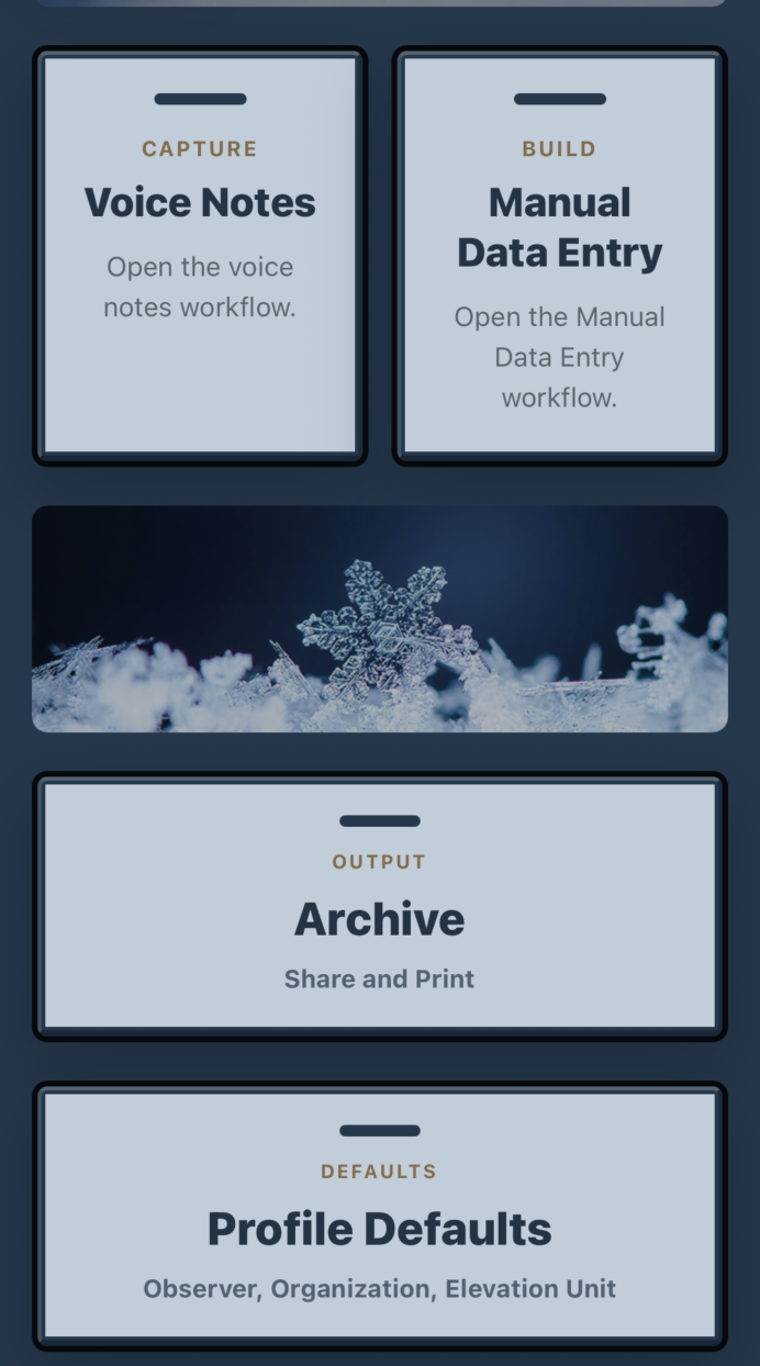 Nivium home screen showing Voice Notes, Manual Data Entry, Archive, and Profile Defaults.