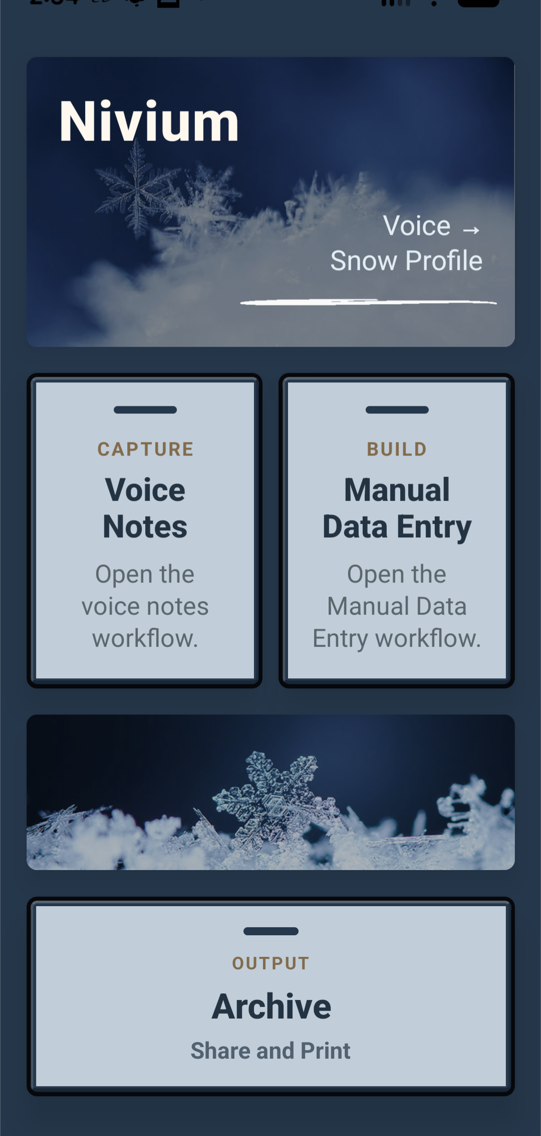 Nivium Voice Notes screen for structured field capture.